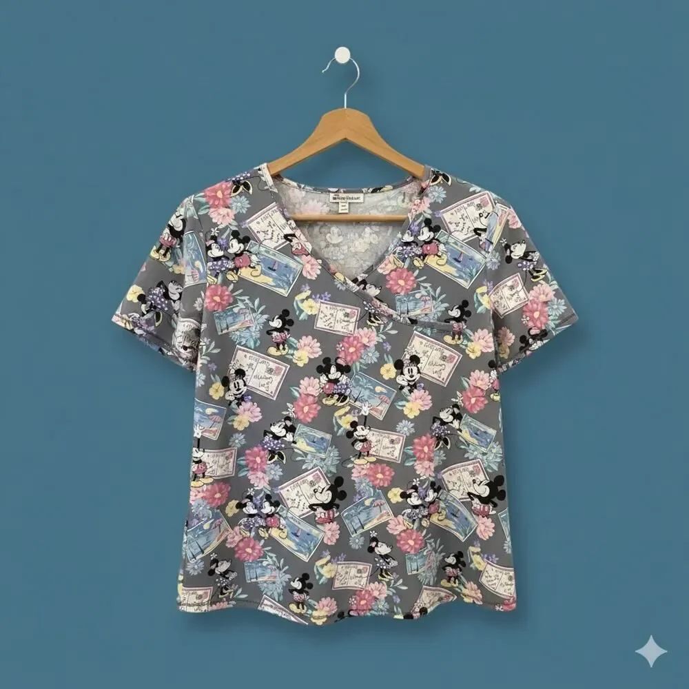 Disney Mickey Minnie Short Sleeve Scrubs Medical Top Shirt XL Postcard Print